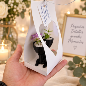 Ejemplo de recuerdo de matrimonio con dos maceteros en una caja blanca